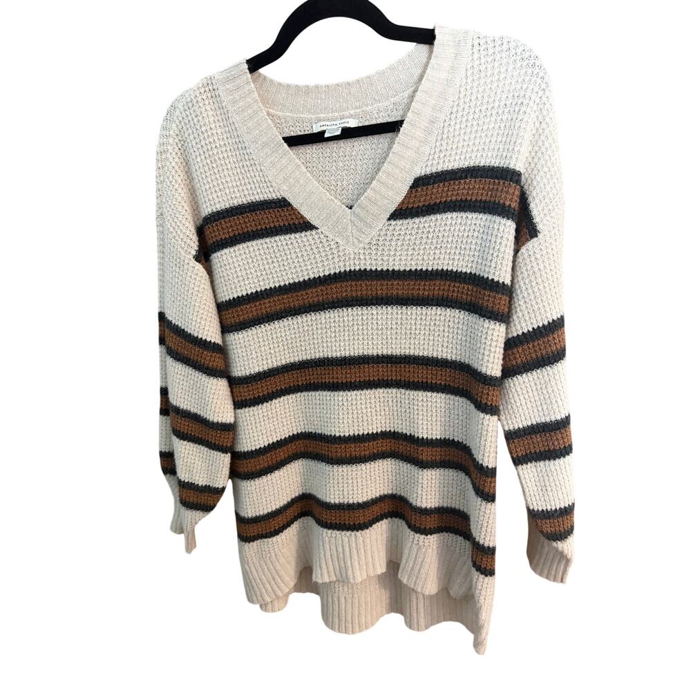 American Eagle Waffle Knit Sweater XS Cream Brown Stripe Oversized Cozy Pullover